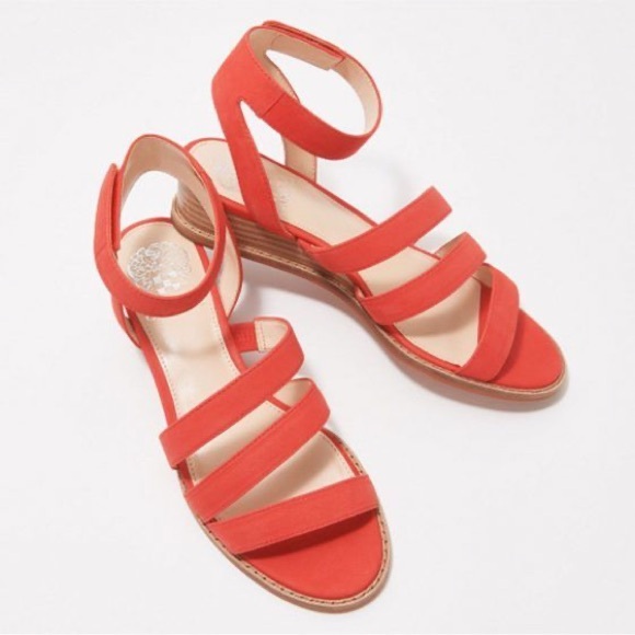 🧡VINCE CAMUTO RESENSA DEMI WEDGE SANDALS IN CANDY CORAL NUBUCK 8.5 W WIDE - Picture 1 of 7